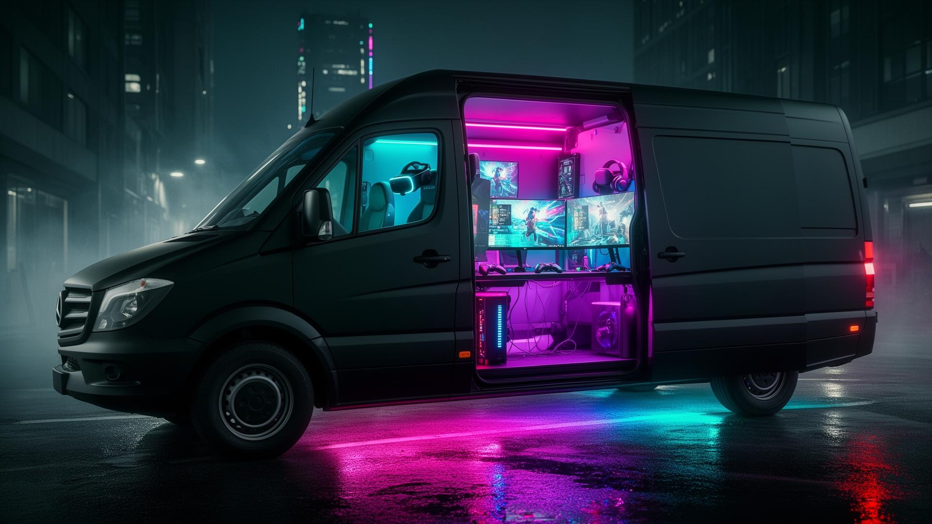 Black gaming van with RGB lights at night