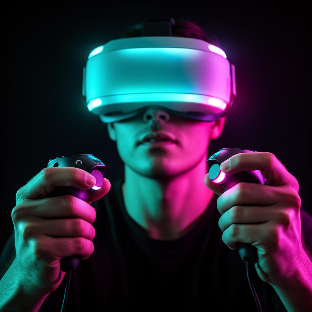Player wearing a glowing VR headset with RGB controllers